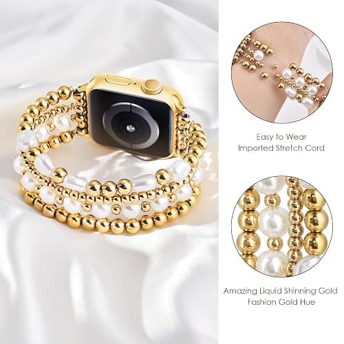 AIRSPO Gold Beaded Bracelets Compatible for Apple Watch Band 38mm 40mm 41mm Women, 14K Gold Plated Bead iPhone Watch Bands Elastic Stretchy Strap for iWatch Series SE 8 7 6 5 4 3 2 1,Large thumbnail 2