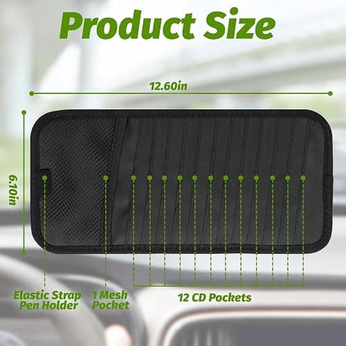 CD Visor Holder for Car, Large Capacity CD & DVD Visor Case, Vehicle Visor Storage Organizer with 12 Disc Sleeves, 1 Mesh Pocket 1 Pen Holder and & Elastic Band (Black) thumbnail 2