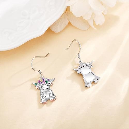 Peacock Highland Cow Earrings 18K White Gold Plated Animal Dangle Drop Earrings Jewelry Gifts for Women Lovers thumbnail 5