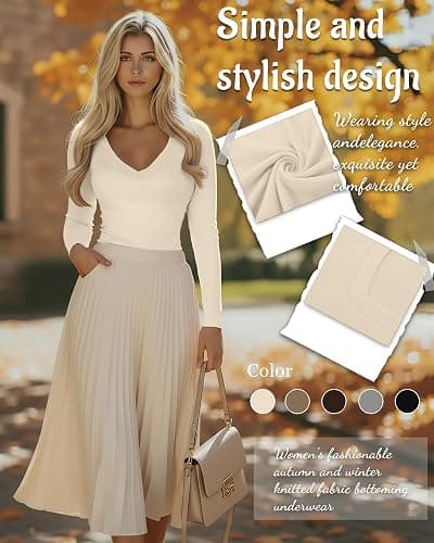 Yearntown 5 Pack Women's Long Sleeve Shirts, V Neck Knit Slim Fitted Tops Basic Solid Casual Tees Fall Winter Tight T Shirts thumbnail 4