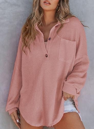 Astylish Women Waffle Knit Tops Henley Shirts Long Sleeve V Neck Solid Color Casual Tunic thumbnail 2