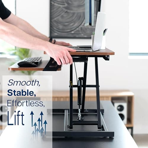 VIVO Height Adjustable 32 inch Stand Up Desk Converter, Quick Sit to Stand Tabletop Dual Monitor Riser Workstation, Dark Walnut Desktop, Black Frame, DESK-V000SD thumbnail 7