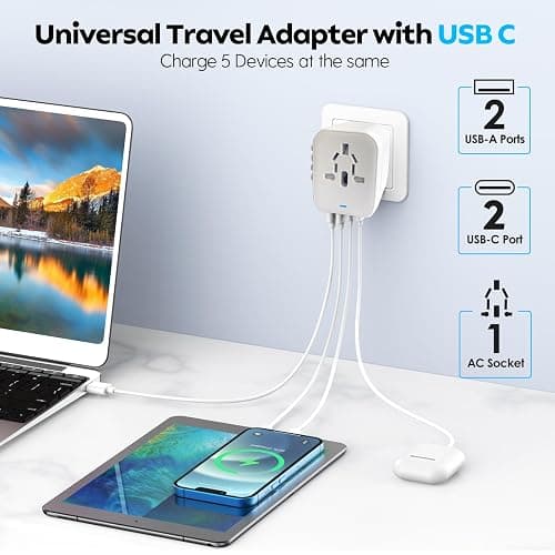 JMFONE International Power Plug Adapter, Universal Travel Adapter with 2 USB-C & 2 USB-A Ports and Multi AC Sockets, All-in-One Worldwide Travel Outlet Charger Adapter for EU US UK AU 200+ Countries thumbnail 3