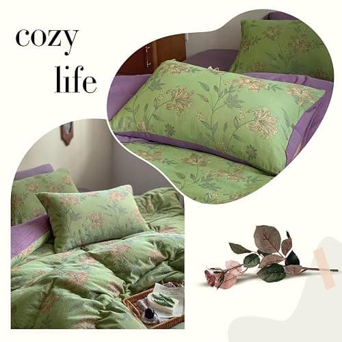 VM VOUGEMARKET Linen Cotton Jacquard Duvet Cover Queen,3 Pcs Yarn-Dyed Textured Duvet Cover Set Green Purple Floral Bedding Breathable, Natural Wrinkled Look-No Comforter thumbnail 9