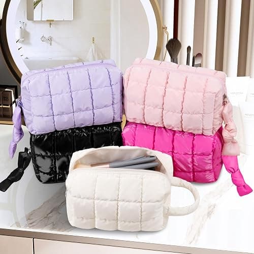 Gosect Puffy Quilted Makeup Bag, Cute Checkered Cosmetic Bags with Divider, Waterproof Travel Toiletry Bag, Make up Pouch for Women & Girls Travel Essentials (Bow, Pink, Medium) thumbnail 6