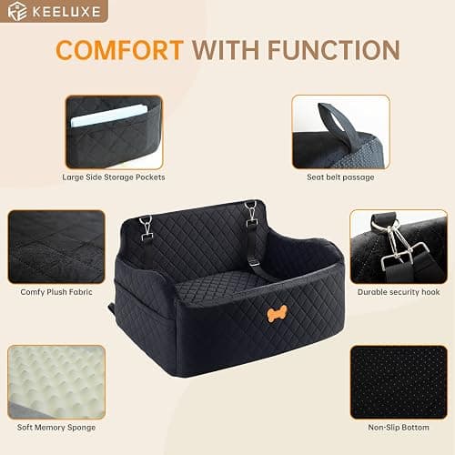 KEELUXE Car Seat for Large Size Dog, Booster Seat for Dogs Under 55 lbs or 2 Small Dogs, Soft Car Dog Bed Filling in Thick Memory Foam with 2 Safety Leashes and Storage Pocket (Black) thumbnail 5