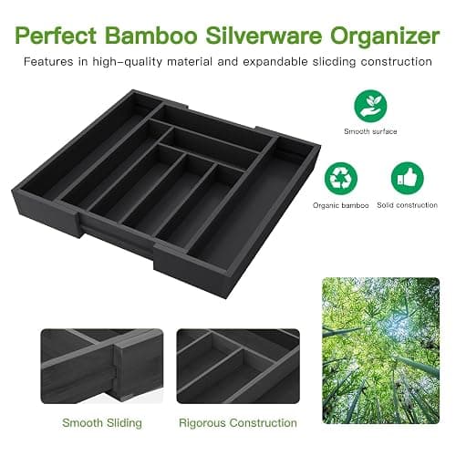Pipishell Bamboo Expandable Drawer Organizer for Utensils Holder, Adjustable Cutlery Tray, Wood Drawer Dividers Organizer for Silverware, Flatware, Knives in Kitchen, Bedroom, Living Room(M-Black) thumbnail 5