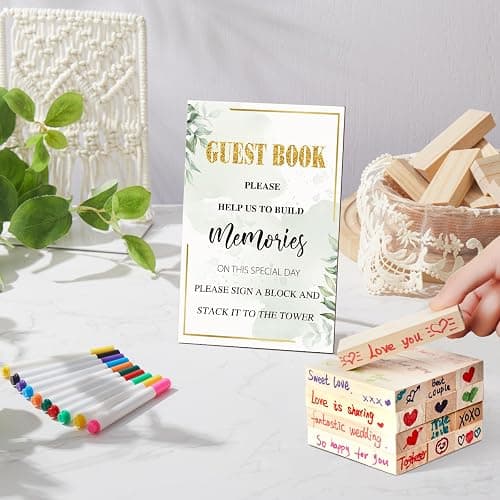 Beeveer 80 Pcs Wedding Guest Book Alternative Wooden Block Guest Book for Wedding Sign in Bridal Shower Decoration 54 Pcs Wooden Block Bridal Shower Game for Sign in, Reception(Greenery) thumbnail 6
