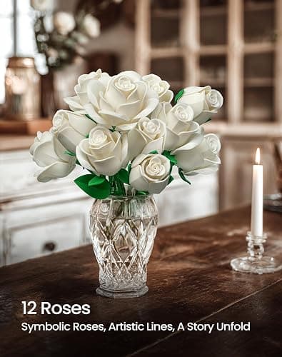 iATOM White Rose Bouquet Building Set, Wedding Artificial Flowers Botanical Collection for Adults Women, Gift for Christmas & Valentines Day - Home Office Table Centerpiece Decor - IA11013 thumbnail 6