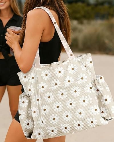 Miss Adola Cute Corduroy Tote Bag for Women Multi-Pocket with Zipper | Large Capacity Shoulder Bag for Work, Travel, and Shopping thumbnail 3
