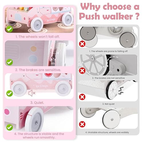 labebe Wooden Baby Walker, Push Activity Walker for Kids 12M+, Multifunctional Ice Cream Cart Activity, Adjustable Speed Learning Walking with Wheels, Birthday Gift for Girls Boys Ages 1-3 (Pink) thumbnail 5