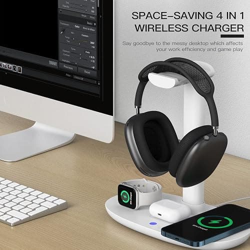 Headphone Stand with 15w Wireless Charger, Suguder 4 in 1 Charging Station Headset Holder for AirPods Max/Pro/4/3/2 iWatch 10/9/8/7/6/5/4/3/2/1/SE iPhone 17/16/15/14/13/12/11/X for Desktop Table Game thumbnail 4
