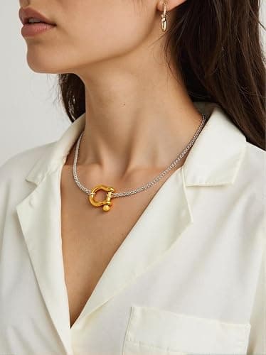 SIXAOAZZ 18K Gold Plated Buckle Necklace with Heavy Screw Anchor Shackle Wheat Chain Two Tone Carabiner 17.7 Inch Stainless Steel Foxtail Chain thumbnail 4