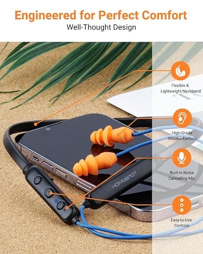 HomeSpot Noise Reduction Wireless Neckband Headphones with Qualcomm aptX HD, 27dB NRR, CVC Noise Cancelling Mic & Controls and 20H Playtime for Work Safety OSHA Compliant - Blue Wire Orange Earbuds thumbnail 3