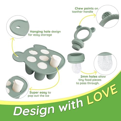 LittlesJoy Silicone Baby Fruit Feeder/Food Feeder Pacifier/Breastmilk Popsicle Molds for purees Baby teething relief teether for Baby Teething & Infant Self Feeding BPA Free - (Sage) - Sage thumbnail 6