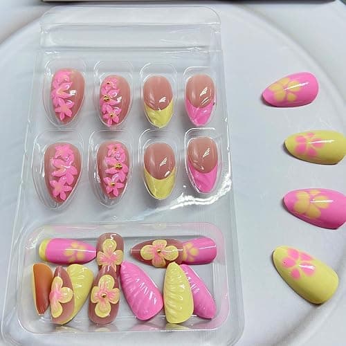 Tyuimhx 3D Flowers Press on Nails Short Almond Fake Nail with 3D Stripe Designs Pink Yellow French Tip False Nails Summer Full Cover Stick on Nail Acrylic Artificial Glue on Nail for Women 24 Pcs thumbnail 4