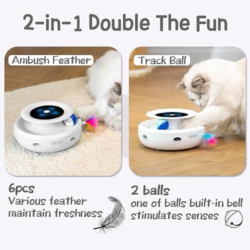 ORSDA 2in1 Interactive Toys for Indoor Cats, Timer Auto On/Off, Cat Toy Balls & Ambush Electronic Cat Mice Toy for Entertainment with 6pcs Feathers, Dual Power Supplies - Ivory White thumbnail 2
