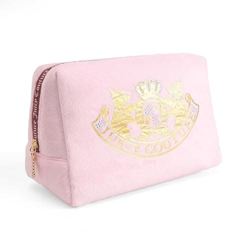 Juicy Couture Pink Makeup Bag Cosmetics Organizer Travel Essentials Zip Top Wedge Gold Terroir Dog Rhinestone Crown Velour thumbnail 2