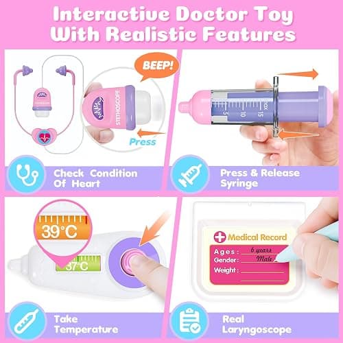 BainGesk Doctor Kit for Girls 3 Years Old, Doctor Tablet with Music & Sound, Pretend Play Doctor Set with Stethoscope, Doctor Dress Up Gifts for Kids Toddlers Ages 3-6 Years Old thumbnail 4