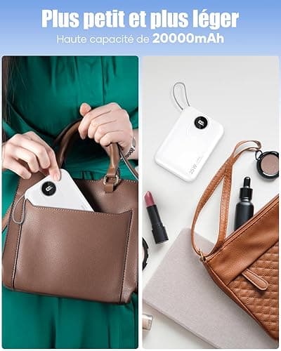 Batterie Externe 20000mAh avec Câble intégré : 35W Power Bank à Charge Rapide pour téléphone Portable, Batterie USB C (Input & Output), Chargeur Portable avec 4 Sorties et 2 entrées- Blanc - blanc thumbnail 2