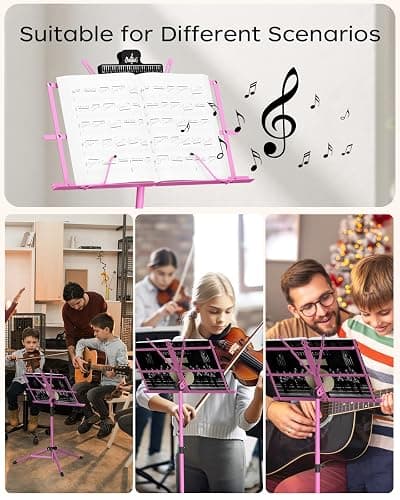 K KASONIC - Music Stand, 2 in 1 Dual-Use Folding Sheet Music Stand & Desktop Book Stand, Portable, Lightweight with Music Sheet Clip Holder & Carrying Bag Suitable for Instrumental Performance (Pink) thumbnail 5