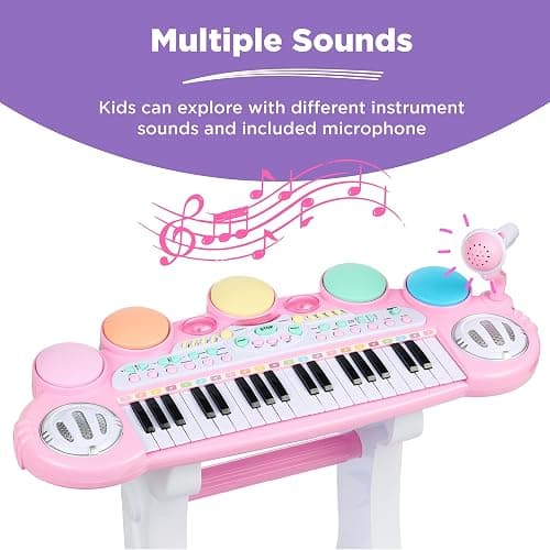 Best Choice Products 37-Key Kids Electronic Musical Instrument Piano Learning Toy Keyboard w/ Multiple Sounds, Lights, Microphone, Stool - Light Pink thumbnail 6
