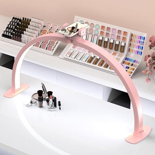 SLYFTE Professional Large Half Moon LED Light for Nail Desk with Phone Holder, Foldable Arch Light for Nail Techs Perfect for Manicure Handicraft Lighting Lamp (Pink, Large) - Image 1