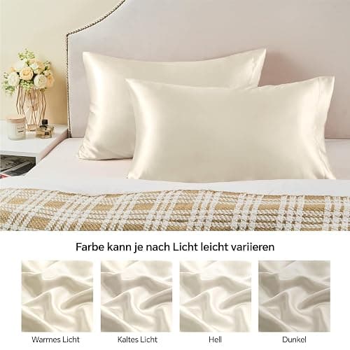 BEDELITE Satin Kissenbezug 40 x 80 Beige - Kopfkissenbezug 2er Set Weich wie Seidenkissenbezug 40x80 Sommer mit 2 Haargummis für Haar und Haut, Similar to Silk Pillowcase Pillow Cover thumbnail 6