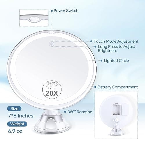 B Beauty Planet 2025 Upgraded Magnifying Mirror with Light, 20X Lighted Magnifying Mirror with Suction Cup and Tweezers, 3 Colors Vanity Mirrors, 360 Rotation, Makeup Mirrors with Lights 8 Inches thumbnail 5