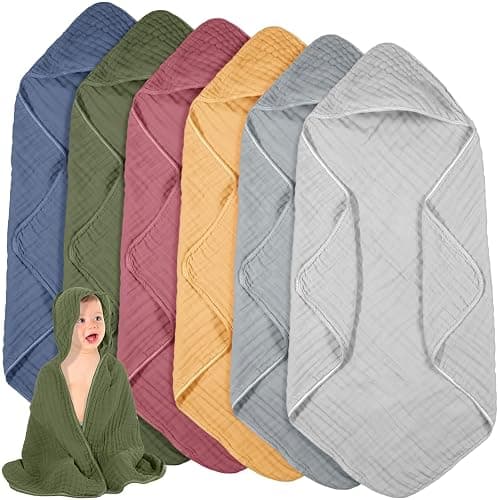Peryiter 6 Pcs Muslin Hooded Baby Towels, 32"x 32" Cotton Newborn Bath Towel Muslin Infant Baby Blankets Absorbent Unisex Newborn Registry Gift Essentials for Girls Boys (Dark Color Series) - Image 1