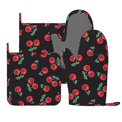 Red and Black Cherry Oven Mitts and Pot Holders Sets of 4, Heat Resistant Silicone Oven Mittens and Potholders Gloves Hot Pads for Kitchen Cooking Baking Grilling BBQ Chef - Image 1