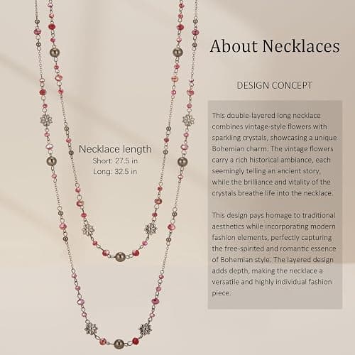 Noessla Layered Long Necklaces for Women Silver Black Beaded Necklace Vintage Flower Costume Jewelry Birthday Gifts for Women thumbnail 6