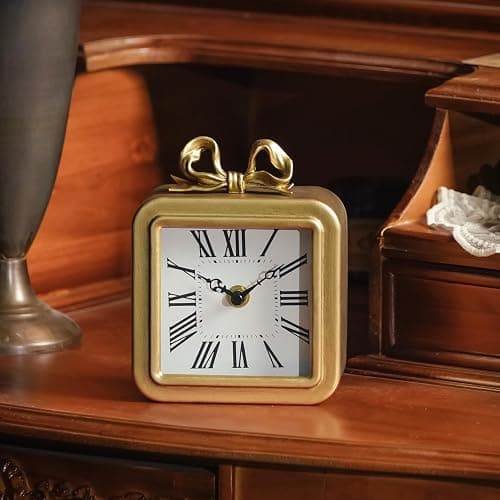 NIKKY HOME Gold Table Clocks, Table Clock Decor with Bow Metal Desk Clock Vintage Desk Clocks Silent Non-Ticking Battery Operated Decorative Shelf Clock for Living Room Bedroom thumbnail 7