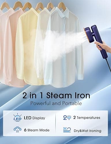 Travel Steamer for Clothes, Portable Mini Clothes irons, 120-240V Adaptive Voltage Clothes Steamer Handheld, Garment Steamer, 15s Heat Up, Adjustable Steam/Temperature - Blue thumbnail 3