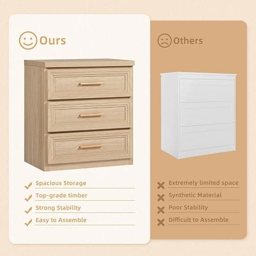 RWYHG Night Stand Set of 2 with 3 Drawer 26" Fluted Wooden Tall Nightstand Metal Handle for Bedroom Living Room Bedside Table Modern Style Furniture Natural thumbnail 6