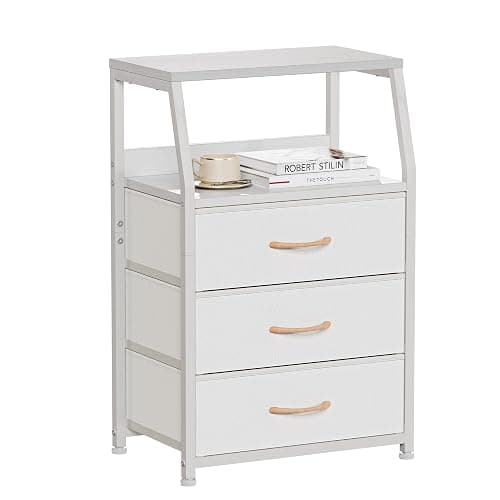 Furnulem White Nightstand with 3 Drawers and 2-Tier Shelf, Small Night Stand End Table Side Furniture, Fabric Storage Organizer for Bedroom, Closet, Hallway, Nursery, Sturdy Steel Frame, Wood Top - White - 3 Drawers - Image 1