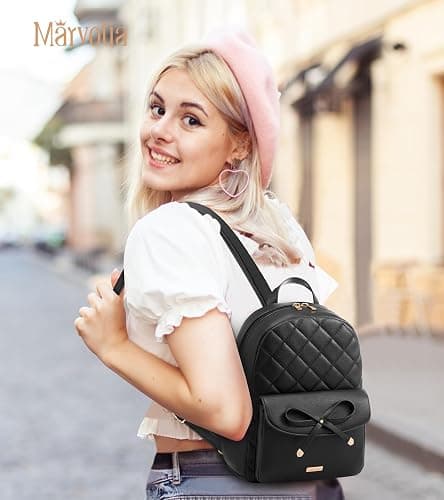 Marvolia Mini Backpack for Women and Girls - Leather Backpack with Cute Bowknot Quilted Small Backpacks for Shopping Travel School - Black thumbnail 2