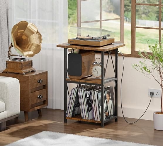 HFHOME 2025 Upgraded Extended Tabletop Record Player Stand with Charging Station, 3 Tier End Table with Vinyl Record Storage, Turntable Stand for Vinyl Player in Living Room Bedroom thumbnail 4