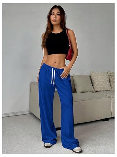 RoseSeek Women's Drawstring Waist Straight Streetwear Long Wide Leg Pants Casual Loose Baggy Workout Long Fall Sweatpants thumbnail 4
