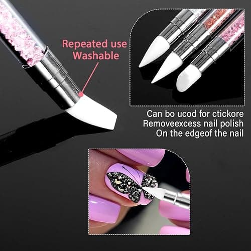 3 Pcs Nail Art Sculpture Pen, Dual Tipped Silicone Nail Tools | Silicone Head Acrylic Handle Nail Art Brushes, Rhinestone Nail Polish Carving Pen, Nail Art Tools for Home Salon thumbnail 6
