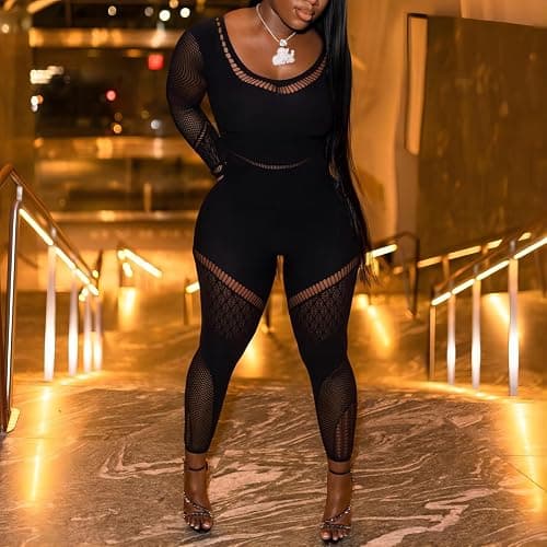 WEICHUJIAN Women Sexy See Through Womens Jumpsuit Outfits Mesh Hollow Out Crop Top Bodycon Long Sleeve Rompers thumbnail 2
