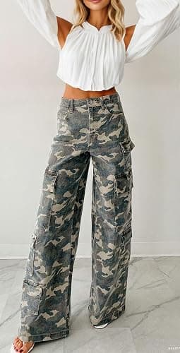 loveimgs Women Casual Camo Print Denim Pants Y2k Wide Leg Cargo Jeans Flare Distressed Camouflage Jeans Sweatpants Pockets thumbnail 3