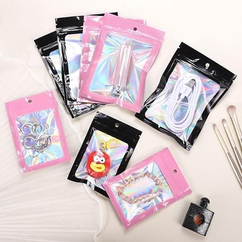 Motomy 100Pcs Pink Holographic Bags 3x4.7 Inch Resealable Mylar Packaging | Smell Proof Reusable Bag for Small Business Foil Zipper Pouches for Jewelry Candy Keychain Christmas Gift Bags Party Favors thumbnail 6