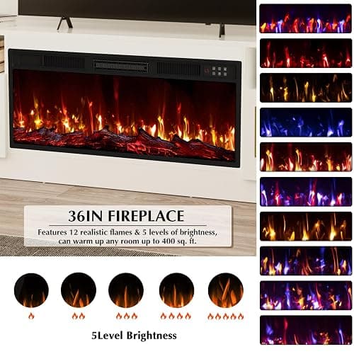 LEMBERI 70" Fireplace TV Stand for TVs up to 80", 36" Electric Fireplace 750W/1500W Entertainment Center with 20-Color LED, 300lbs Max Capacity High Gloss Storage Cabinet Console, White thumbnail 5