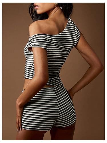 Milumia Women's 2 Piece Outfits Striped Off The Shoulder Short Sleeve Top Skinny Shorts Set thumbnail 2