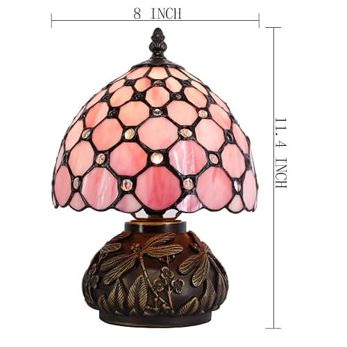WERFACTORY Small Tiffany Lamp Desk Pink Stained Glass Pearl Bead Mushroom Table Lamp Bronze Mini Accent Lamp W8H11 Inch S005P Series thumbnail 3