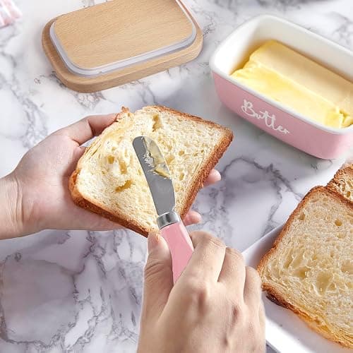 ALELION Pink Butter Dish with Lid and Knife for Countertop - Airtight Ceramic Butter Container with Thick Acacia Wood Lid for Counter - Pink Kitchen Decor and Accessories thumbnail 2