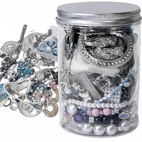 Syutokul Mystery Jewelry Jar Vintage, 50PCS/Set Surprise Jewelry Jar Assortment with Earrings, Necklaces, Hair Clips, Rings More for Daily Outfits, Silver. - Image 1