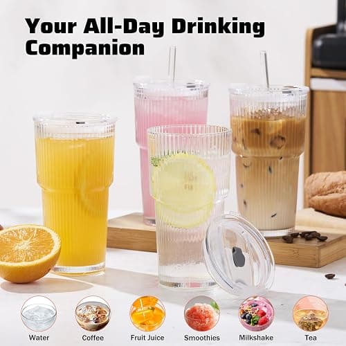 GOSCHE 20oz Glass Cups with Lids and Straws, Ribbed Iced Coffee Cups, Thickened Glass Tumbler Set Ideal for Coffee, Smoothies, Cocktails, and Juices, Clear, 4 Pack thumbnail 5
