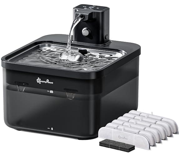 DownyPaws 2.5L Trinkbrunnen für Katze Kabellos, Katzenbrunnen Kabellos mit Bewegungsmelder und Batteriebetrieben, 4000mAh, Leise Wasserpumpe, Tablett aus Edelstahl für Katze, Schwarz mit 6 Filters - Image 1